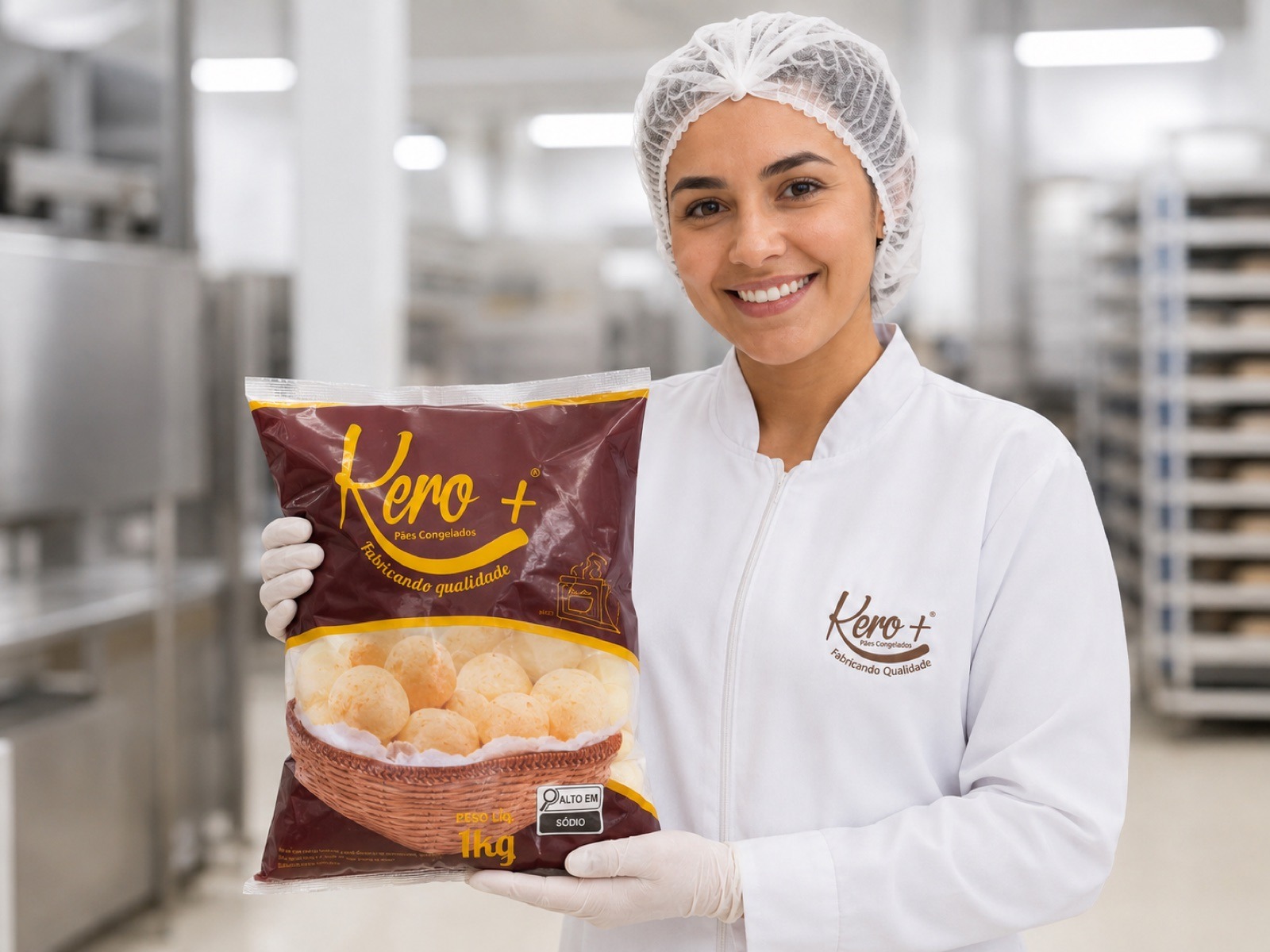 Colaboradora da Kero+ na fábrica segurando um pacote de pão de queijo congelado